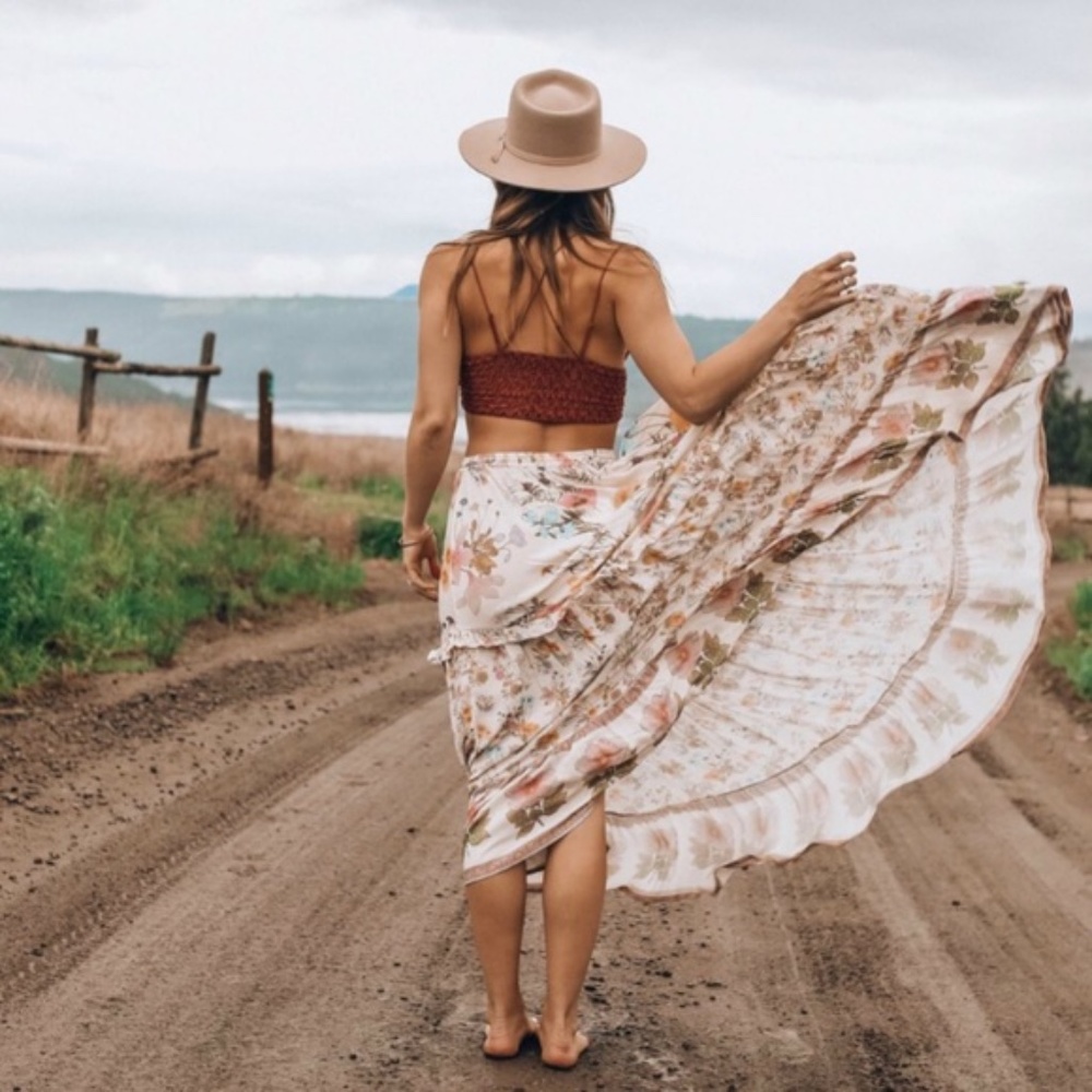 boho Pink floral print ruffle hem maxi skirt gypsy - Picture 5 of 9